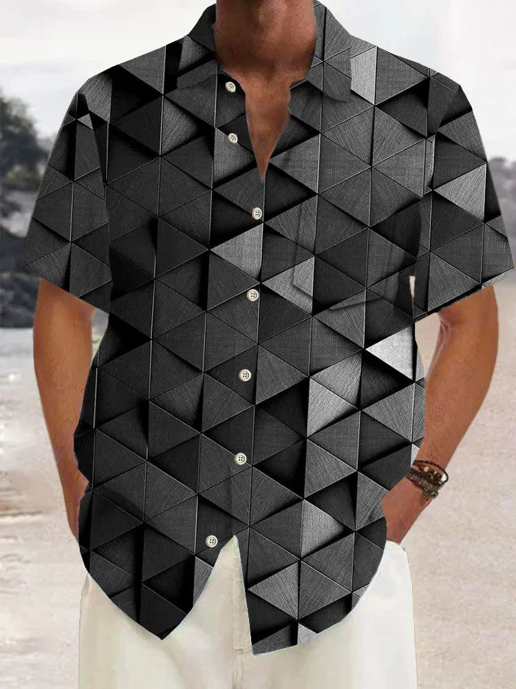 Royaura®Retro Geometric 3D Print Men's Button Pocket Short Sleeve Shirt