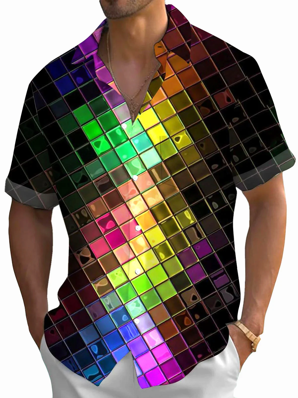 Royaura®Retro Geometric Art 3D Print Men's Button Pocket Short Sleeve Shirt