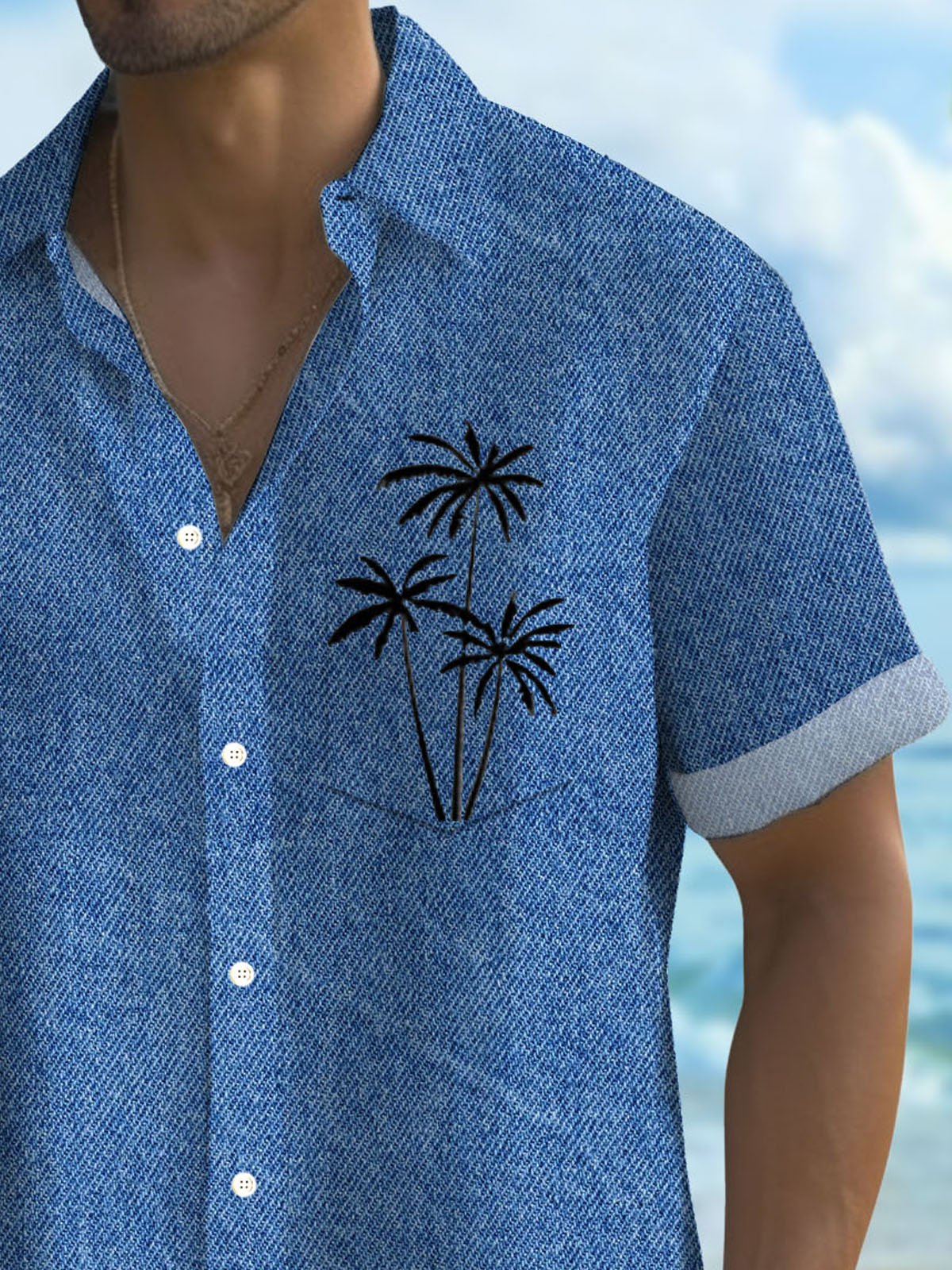 Royaura®Denim Textured Coconut Tree Print Men's Button Pocket Short Sleeve Shirt
