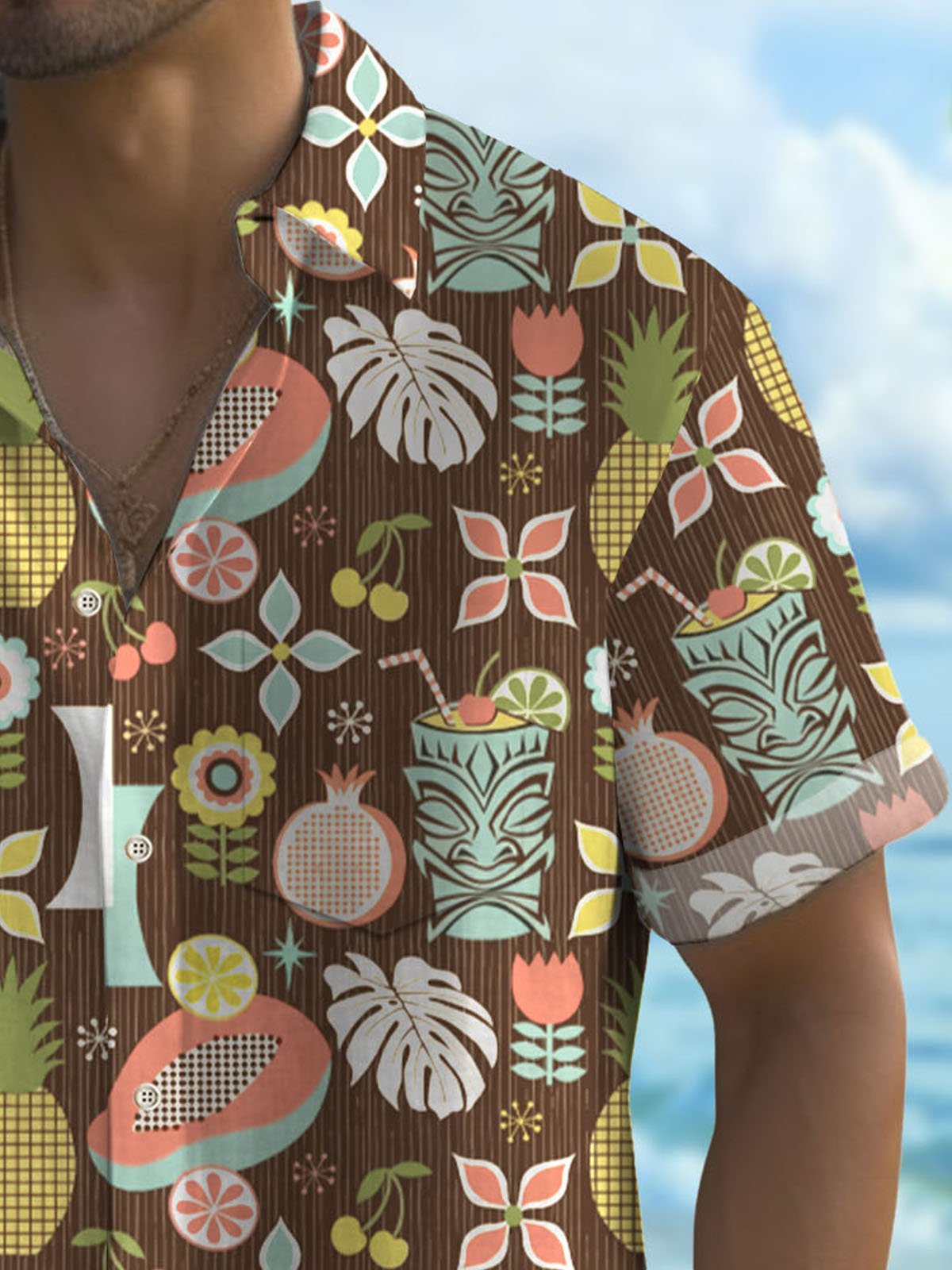 Royaura® Hawaiian Tiki Cocktail Flower Print Men's Button Pocket Short Sleeve Shirt