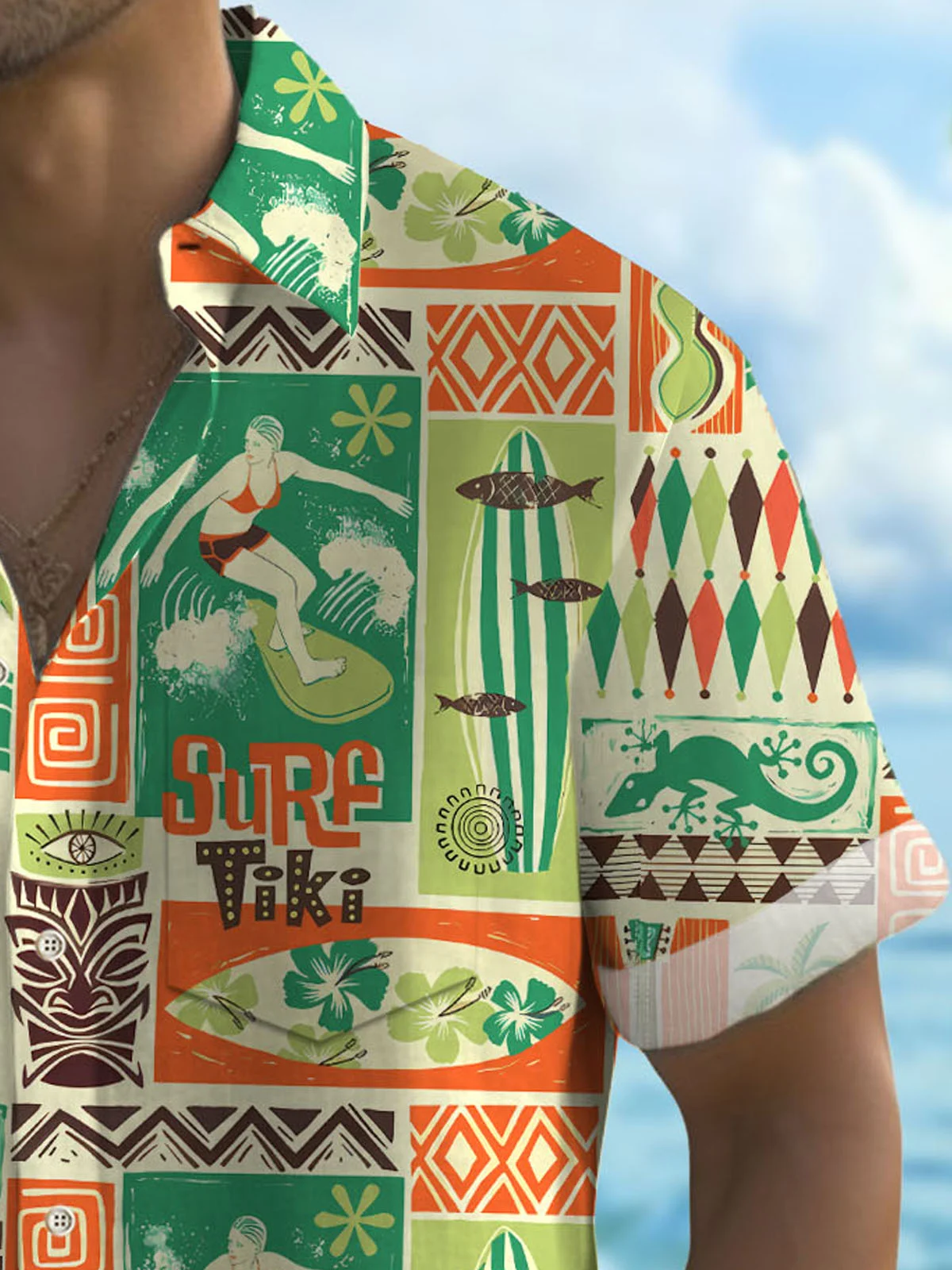Royaura® Hawaiian Tiki Coconut Tree Print Men's Button Pocket Short Sleeve Shirt