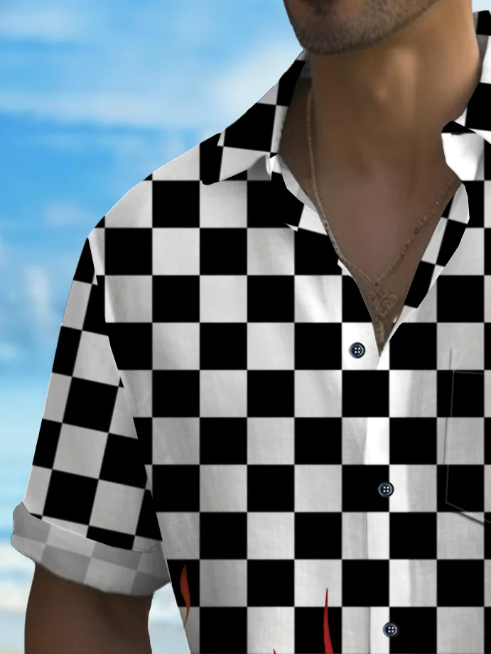 Royaura® Vintage Checkered Flag Checkerboard Flame Print Chest Pocket Shirt Plus Size Men's Shirt