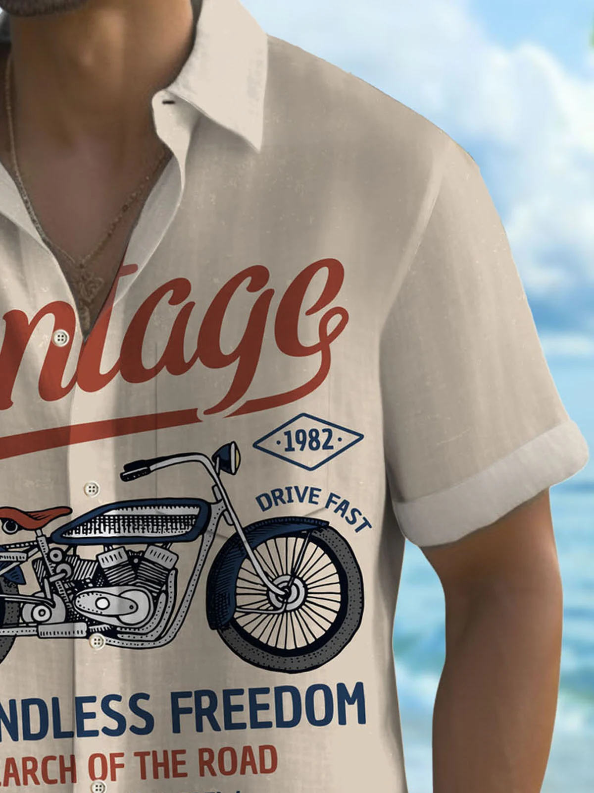 Royaura®Retro Motorcycle Print Men's Button Pocket Short Sleeve Shirt