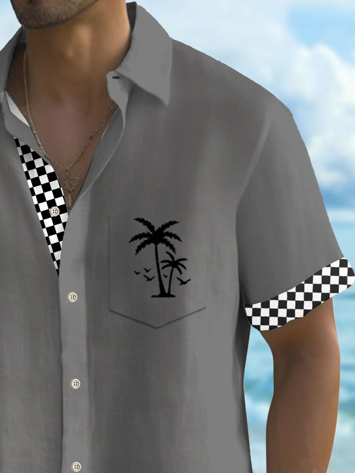 Royaura®Checkerboard Racing Coconut Tree Print Men's Button Pocket Short Sleeve Shirt