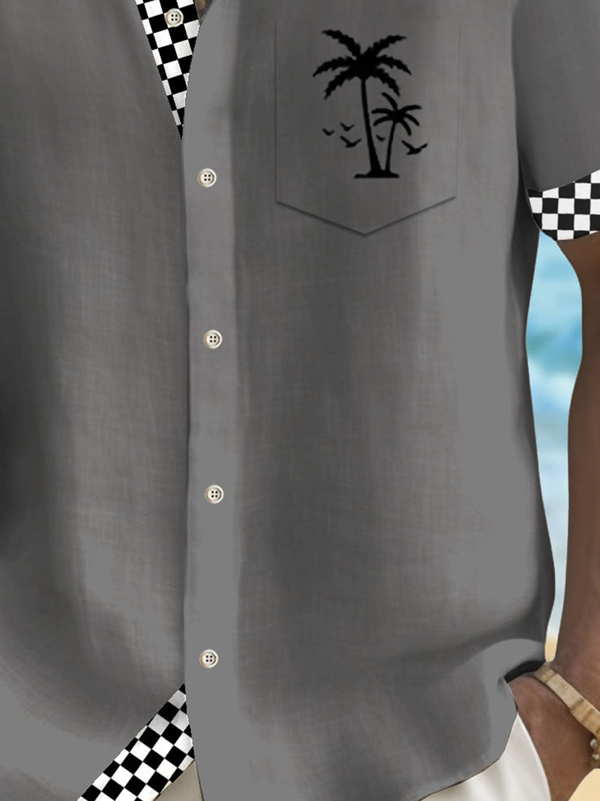 Royaura®Checkerboard Racing Coconut Tree Print Men's Button Pocket Short Sleeve Shirt