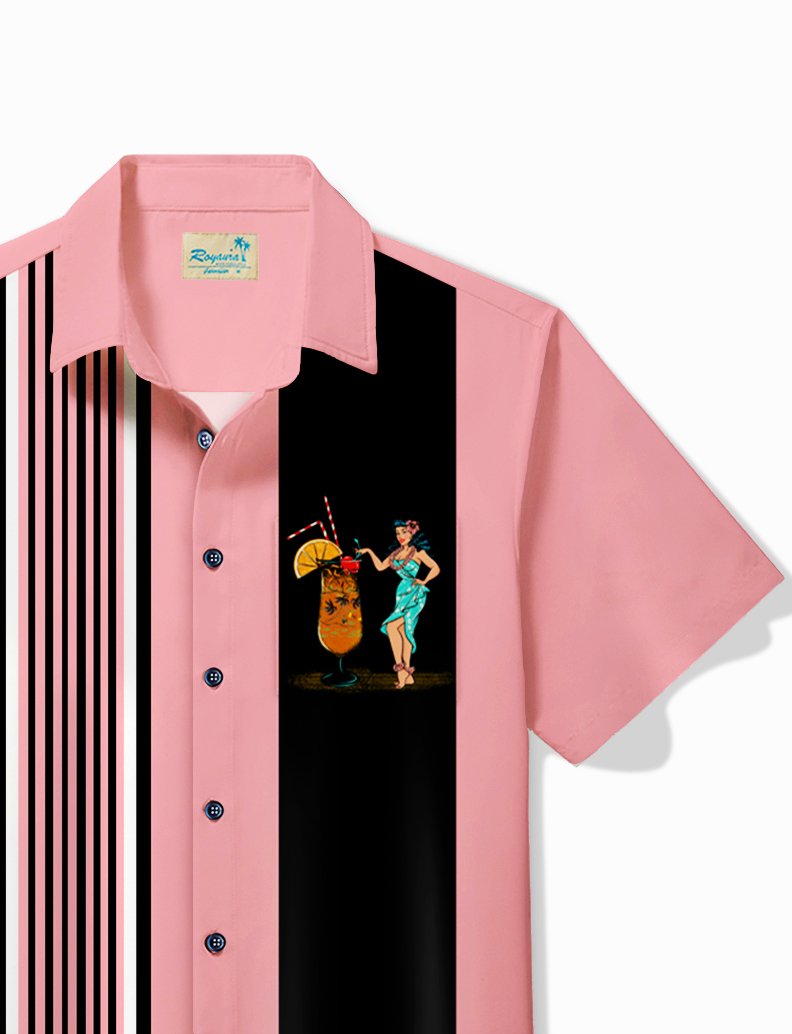 Royaura® x 50s Vintage Dame Vintage Bowling Cocktail Girls Print Chest Pocket Shirt Plus Size Men's Shirt