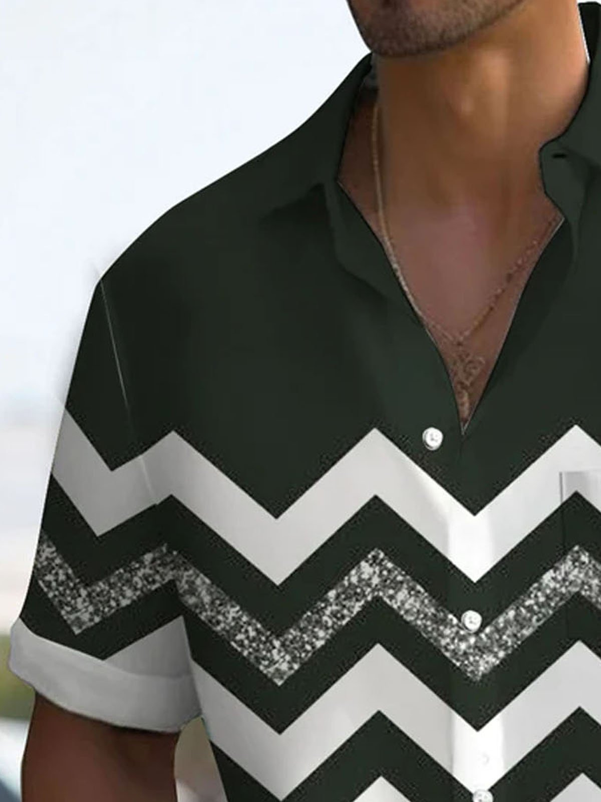 Royaura®Retro Geometric Wave Print Men's Button Pocket Short Sleeve Shirt