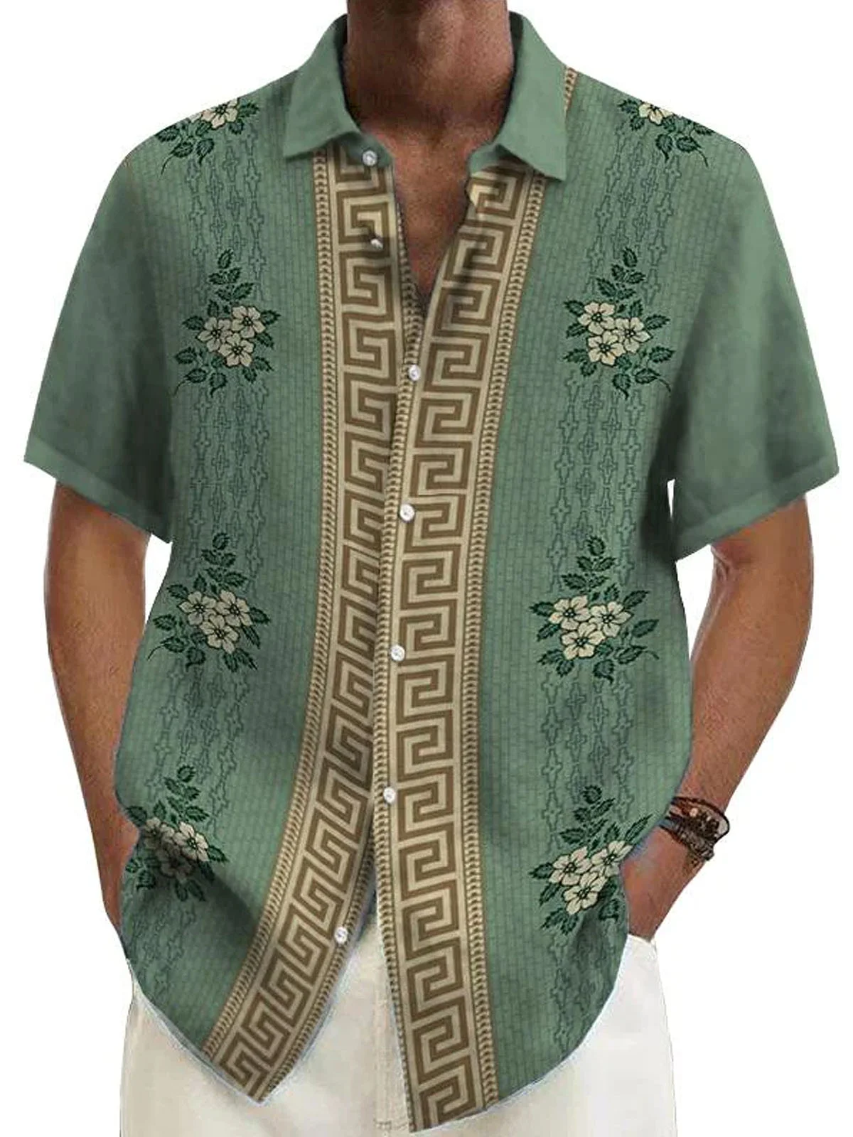 Royaura®Vintage Floral Geometric Print Men's Button Pocket Short Sleeve Shirt