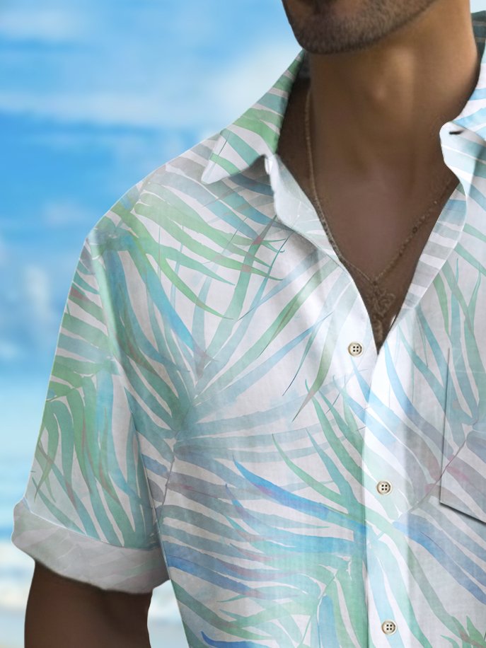 Royaura® Beach Vacation Men's Hawaiian Shirt Gradient Botanical Print Stretch Pocket Camping Shirt