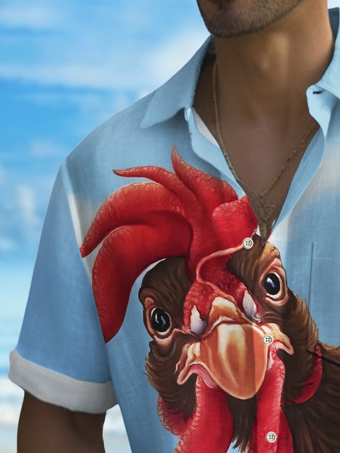 Royaura® Vintage Chicken Print Ex Battery Hen Chest Pocket Shirt Plus Size Men's Shirt