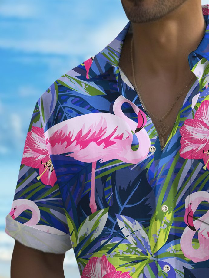 Royaura® Beach Vacation Men's Hawaiian Shirt Flamingo Botanical Print Stretch Pocket Camping Shirt Big Tall
