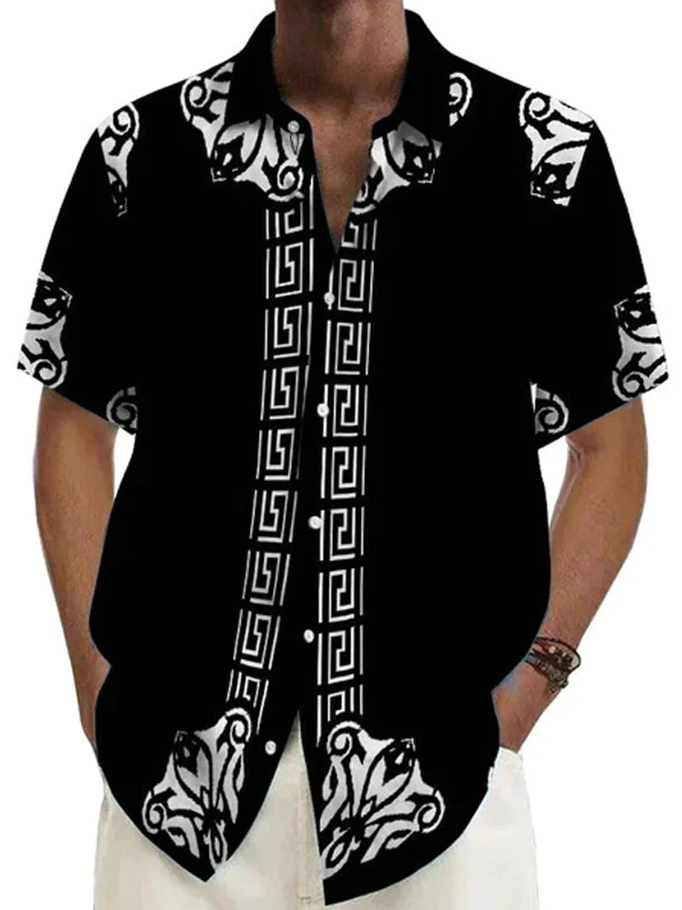 Royaura®Vintage Geometric Floral Print Men's Button Pocket Short Sleeve Shirt
