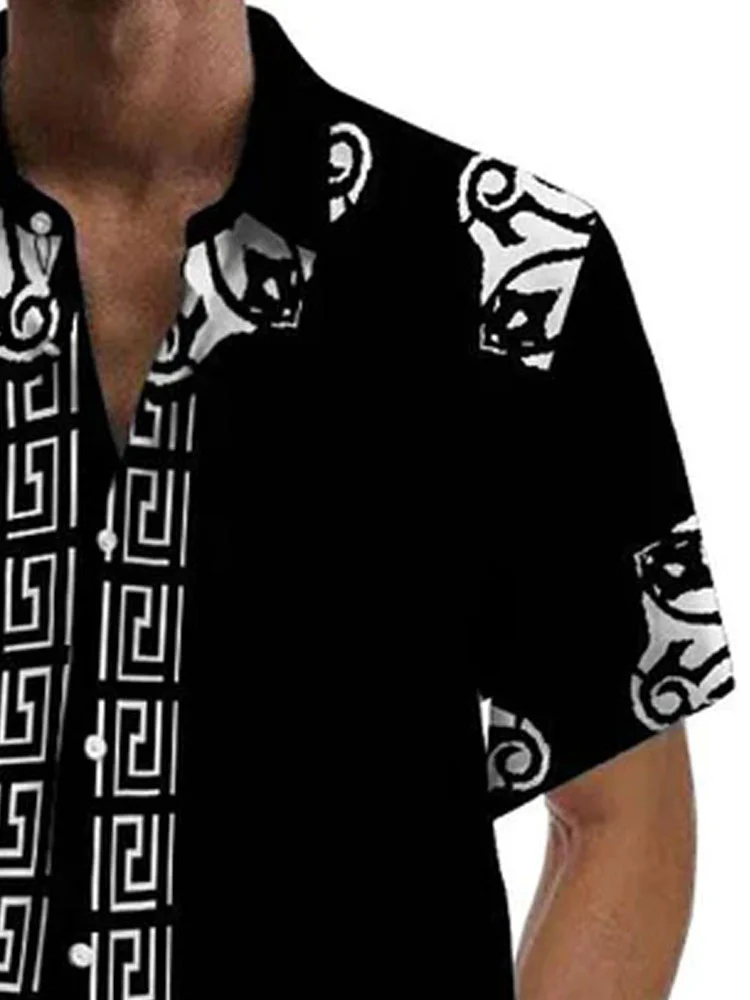 Royaura®Vintage Geometric Floral Print Men's Button Pocket Short Sleeve Shirt