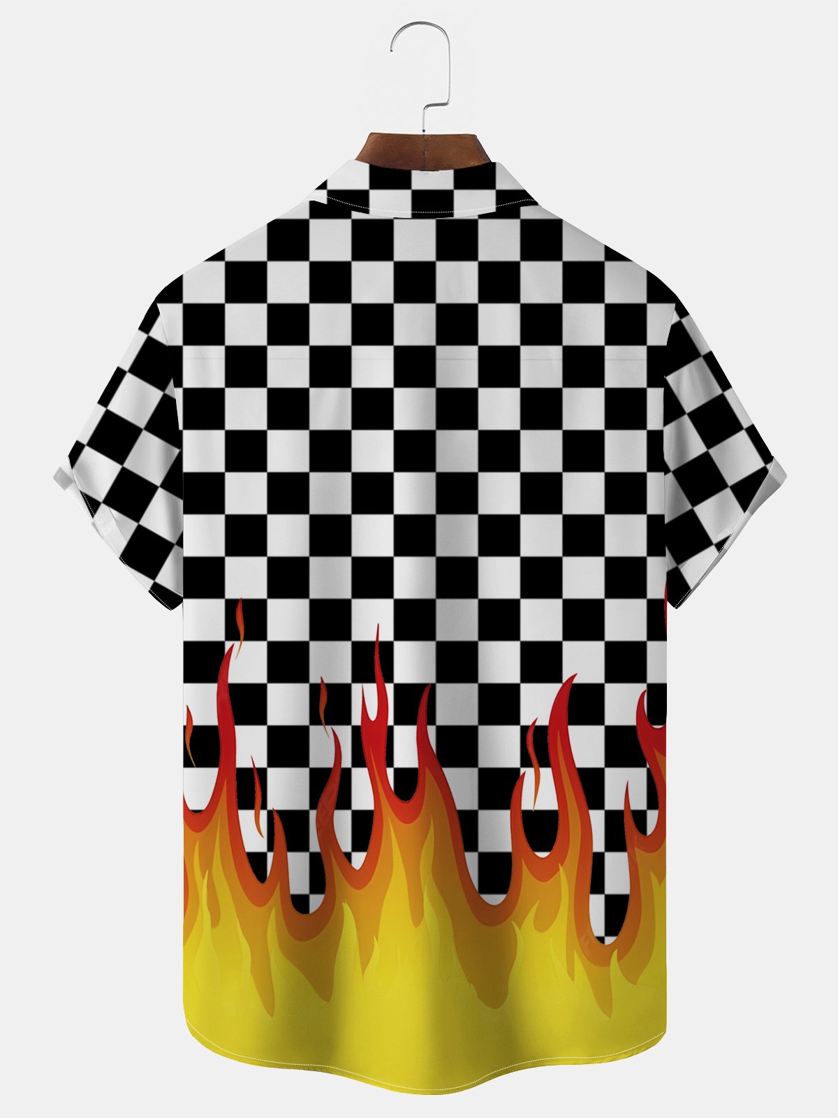 Royaura® Vintage Checkered Flag Checkerboard Flame Print Chest Pocket Shirt Plus Size Men's Shirt