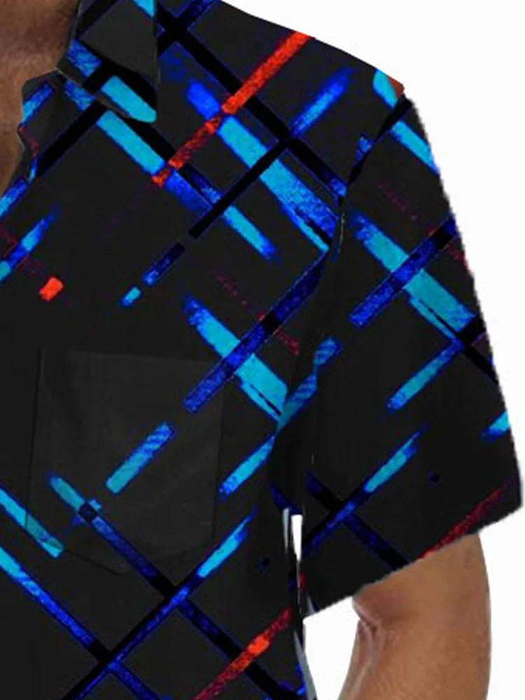 Royaura®Retro Geometric Electro-Optical Line Print Men's Button Pocket Short-Sleeved Shirt