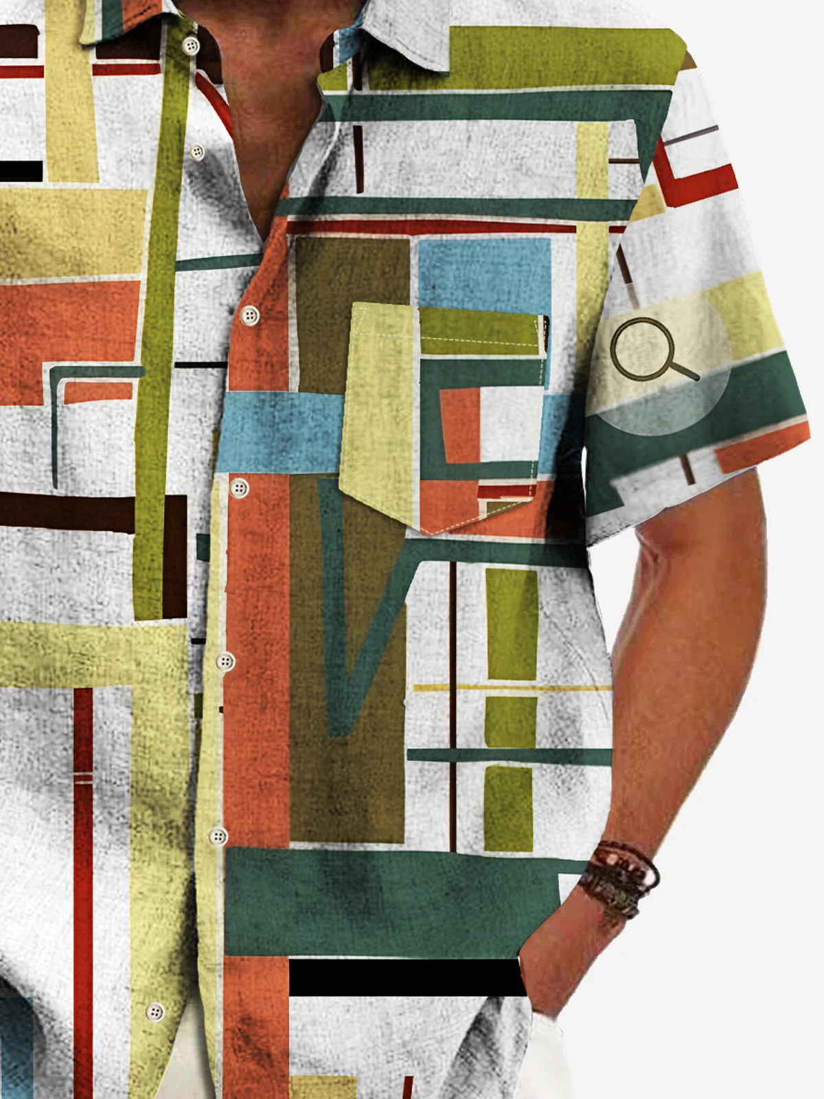 Royaura® 50's Vintage Mid-Century Geometric Men's Shirts Wrinkle Free Seersucker Pocket Camp Shirts Big Tall