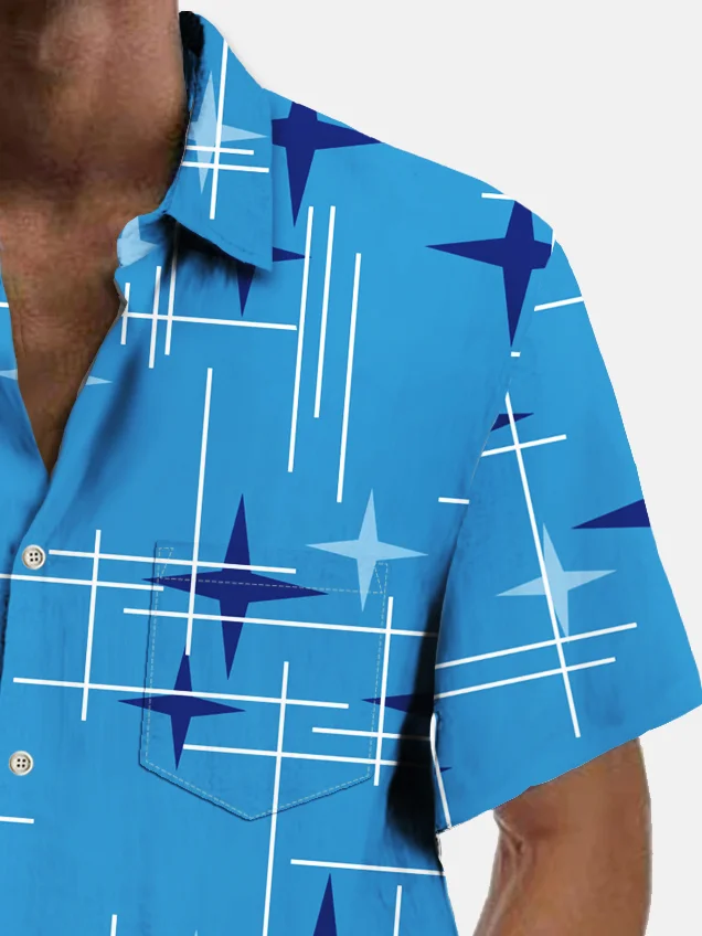 Royaura® Vintage Geometric Starburst Line Print Chest Pocket Shirt Plus Size Men's Shirt