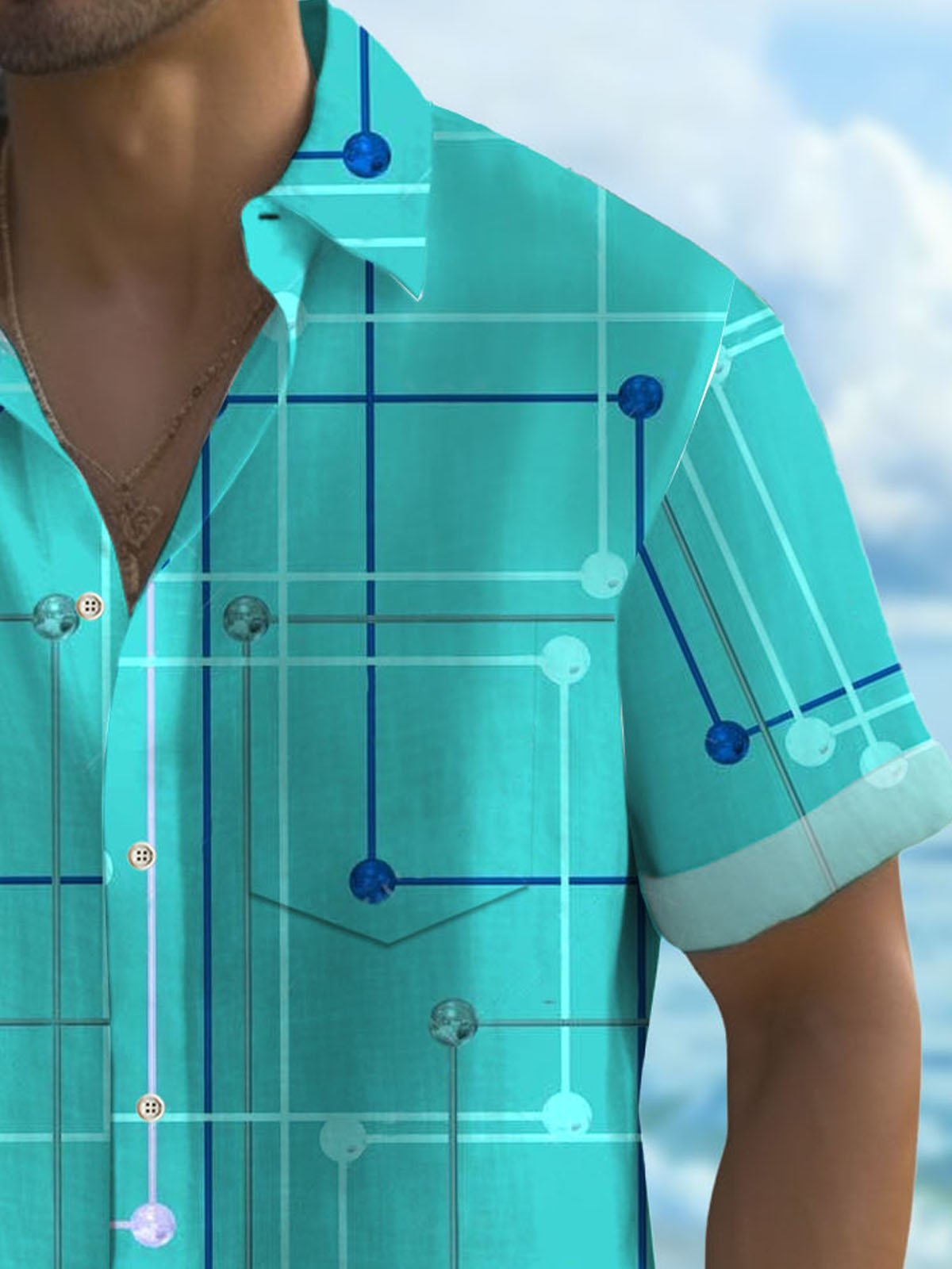 Royaura®Hawaiian Geometric Print Men's Button Pocket Short Sleeve Shirt
