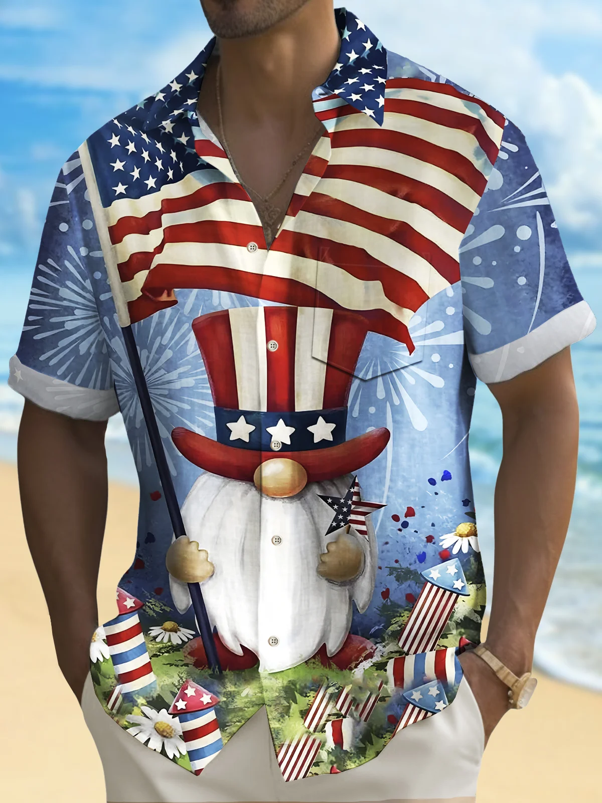 Royaura® Vintage American Flag Gnome Cartoon Print Chest Pocket Shirt Plus Size Men's Shirt
