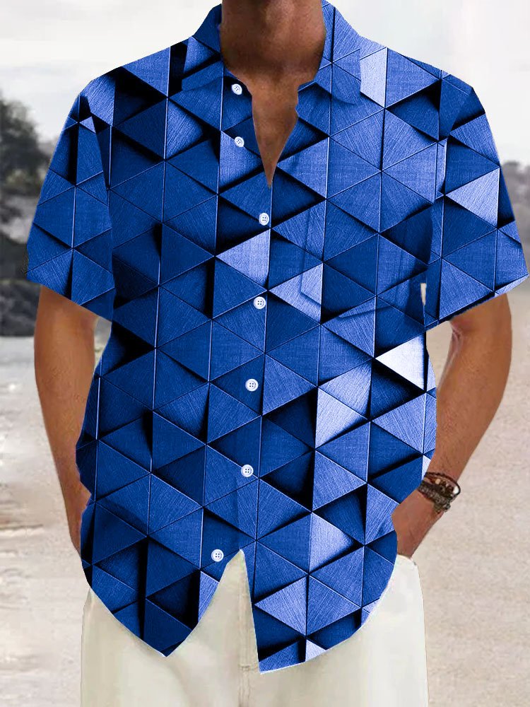 Royaura®Retro Geometric 3D Print Men's Button Pocket Short Sleeve Shirt