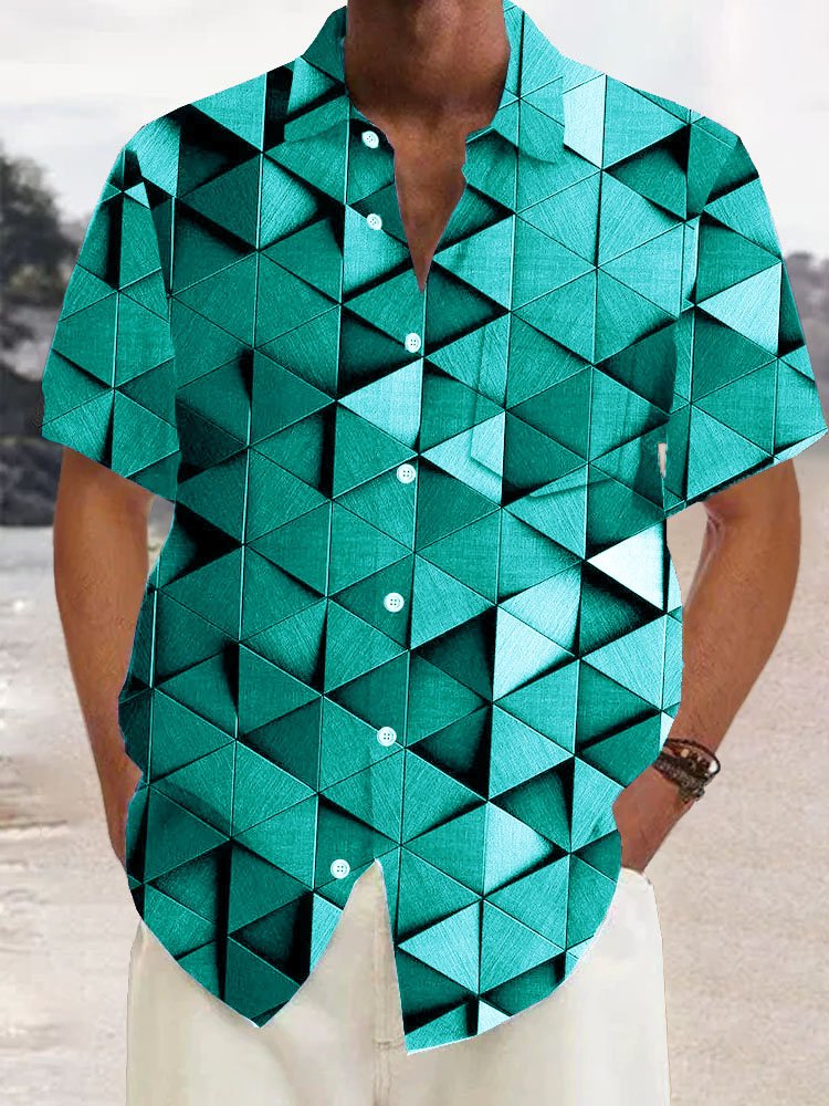 Royaura®Retro Geometric 3D Print Men's Button Pocket Short Sleeve Shirt