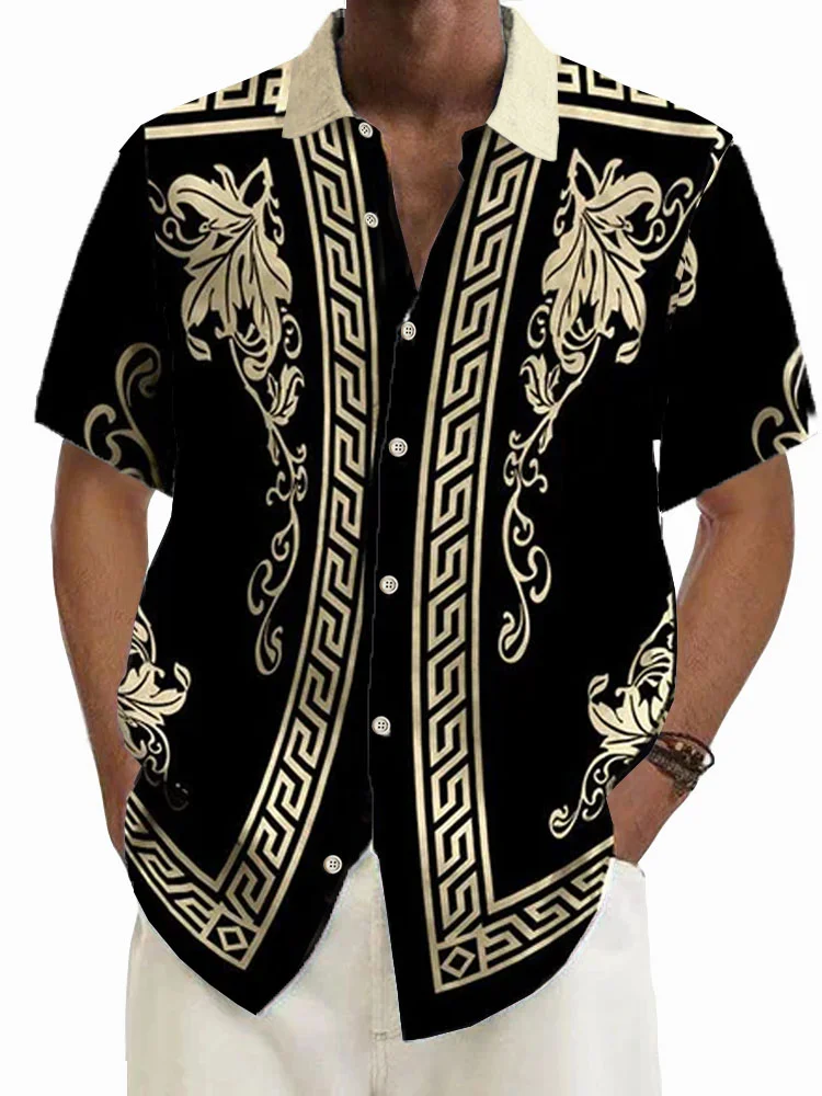 Royaura®Retro Geometric Gold Floral Print Men's Button Pocket Short Sleeve Shirt