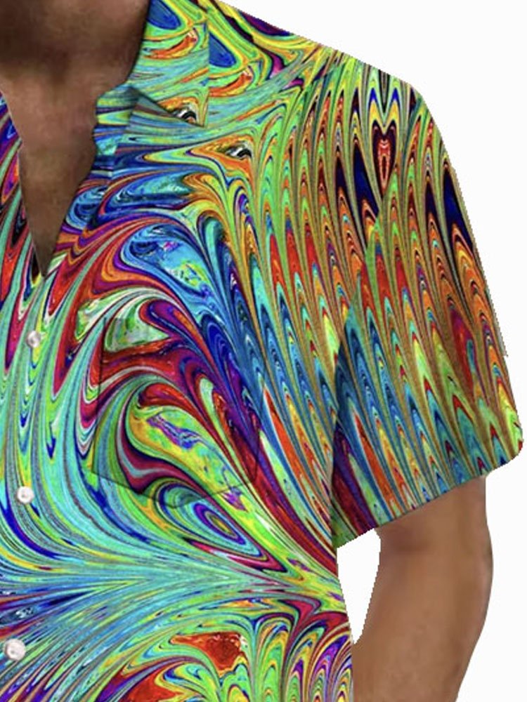 Royaura®Retro Rock Abstract Gradient Print Men's Button Pocket Short Sleeve Shirt