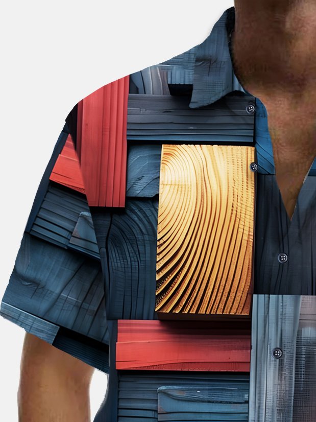 Royaura® Vintage Geometric Wood Print Chest Pocket Shirt Plus Size Men's Shirt