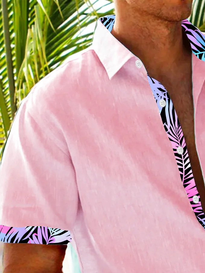 Royaura® Basic Men's Hawaiian Shirt Pink Botanical Print Stretch Pocket Camping Shirt
