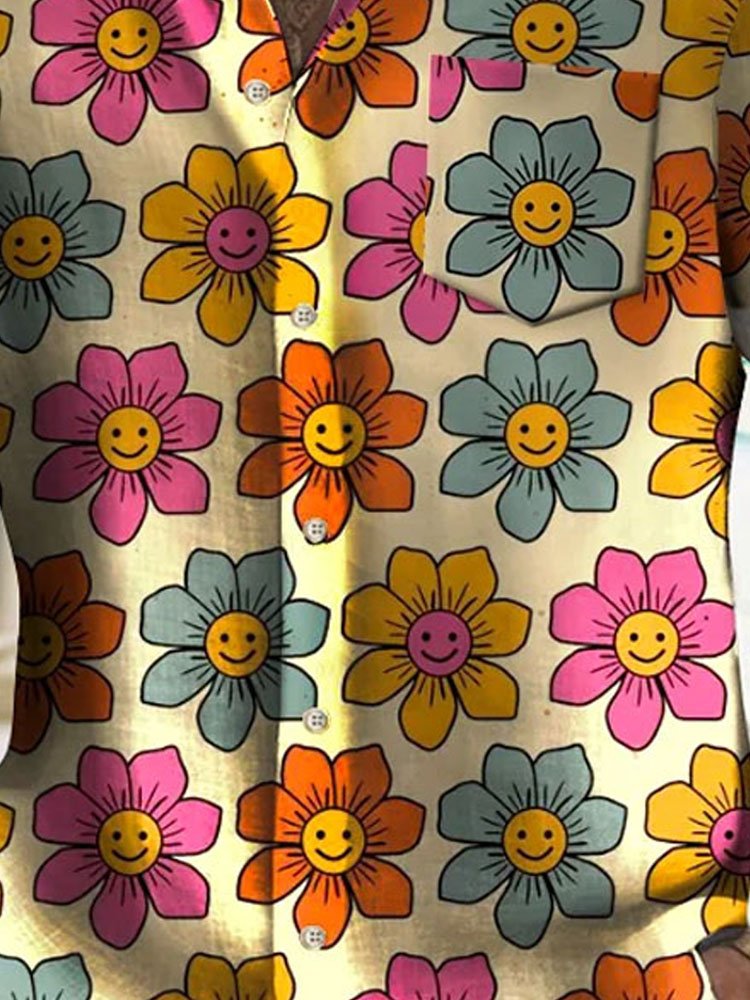 Royaura®Hawaiian Sunflower Art Smiley Print Men's Button Pocket Short Sleeve Shirt