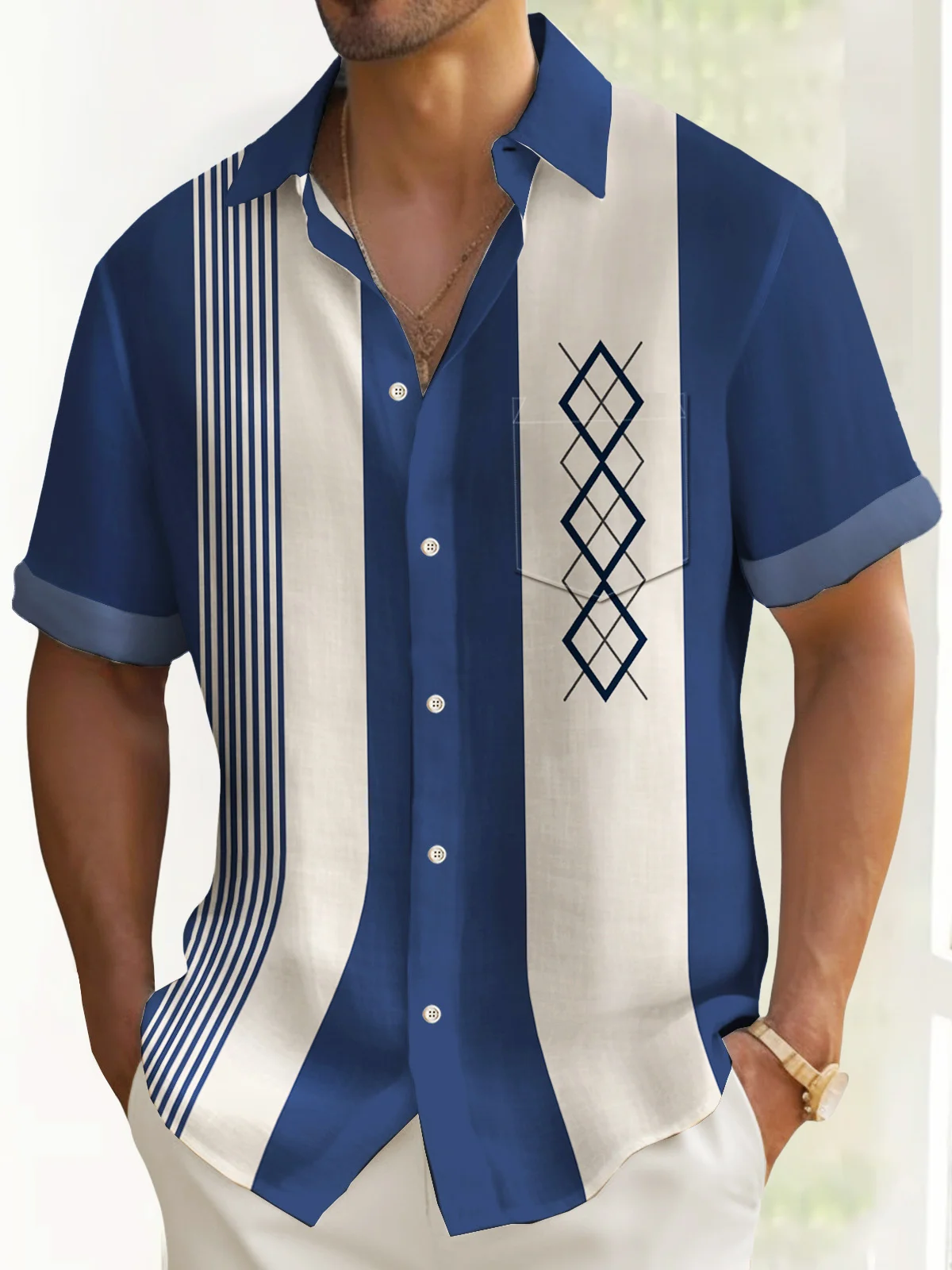 Royaura® 50's Vintage Men's Bowling Shirts Mid-Century Geometric Art Pocket Camp Shirt Big & Tall