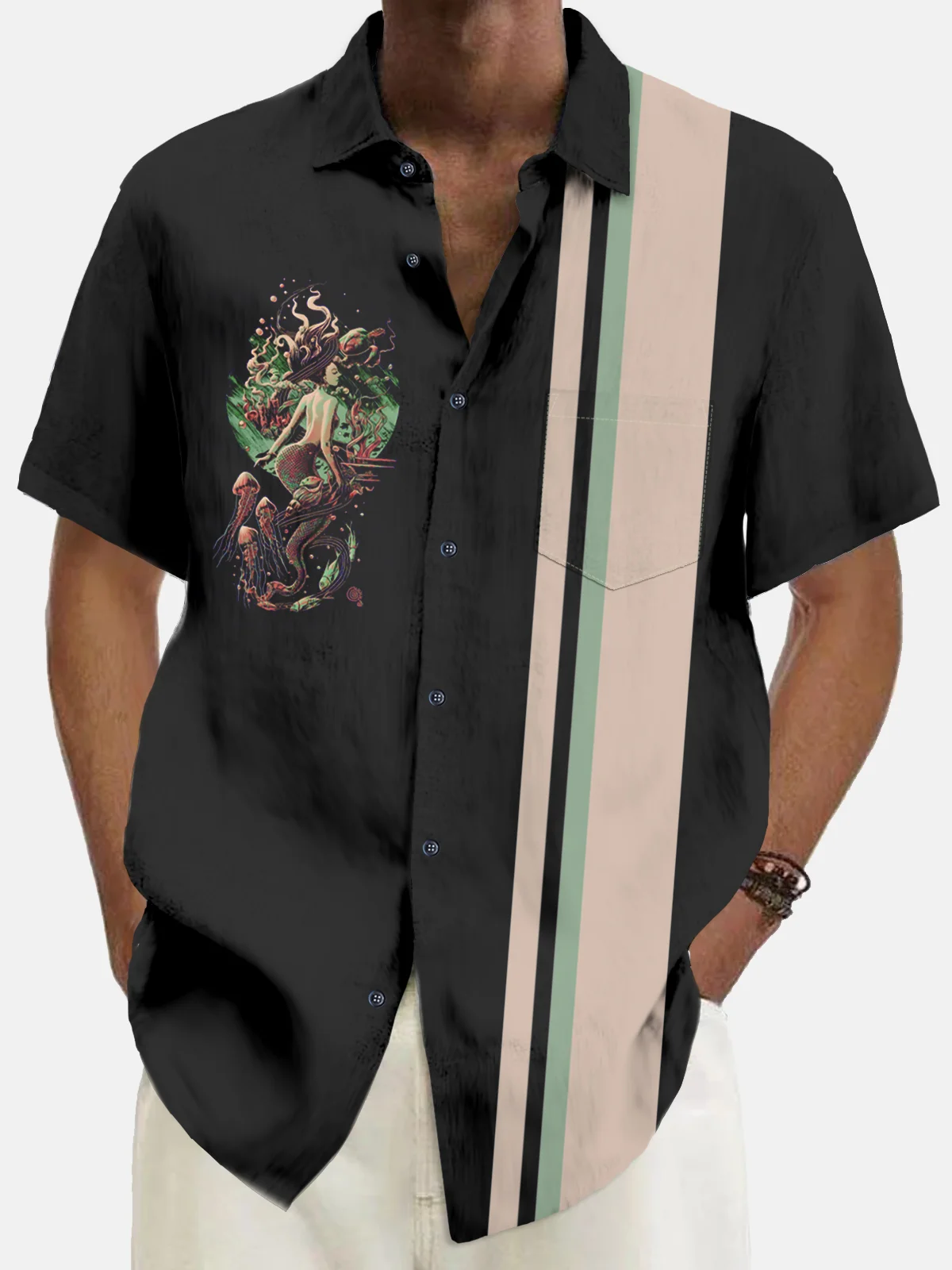 Royaura® Vintage Bowling Mermaid Print Chest Pocket Shirt Plus Size Men's Shirt