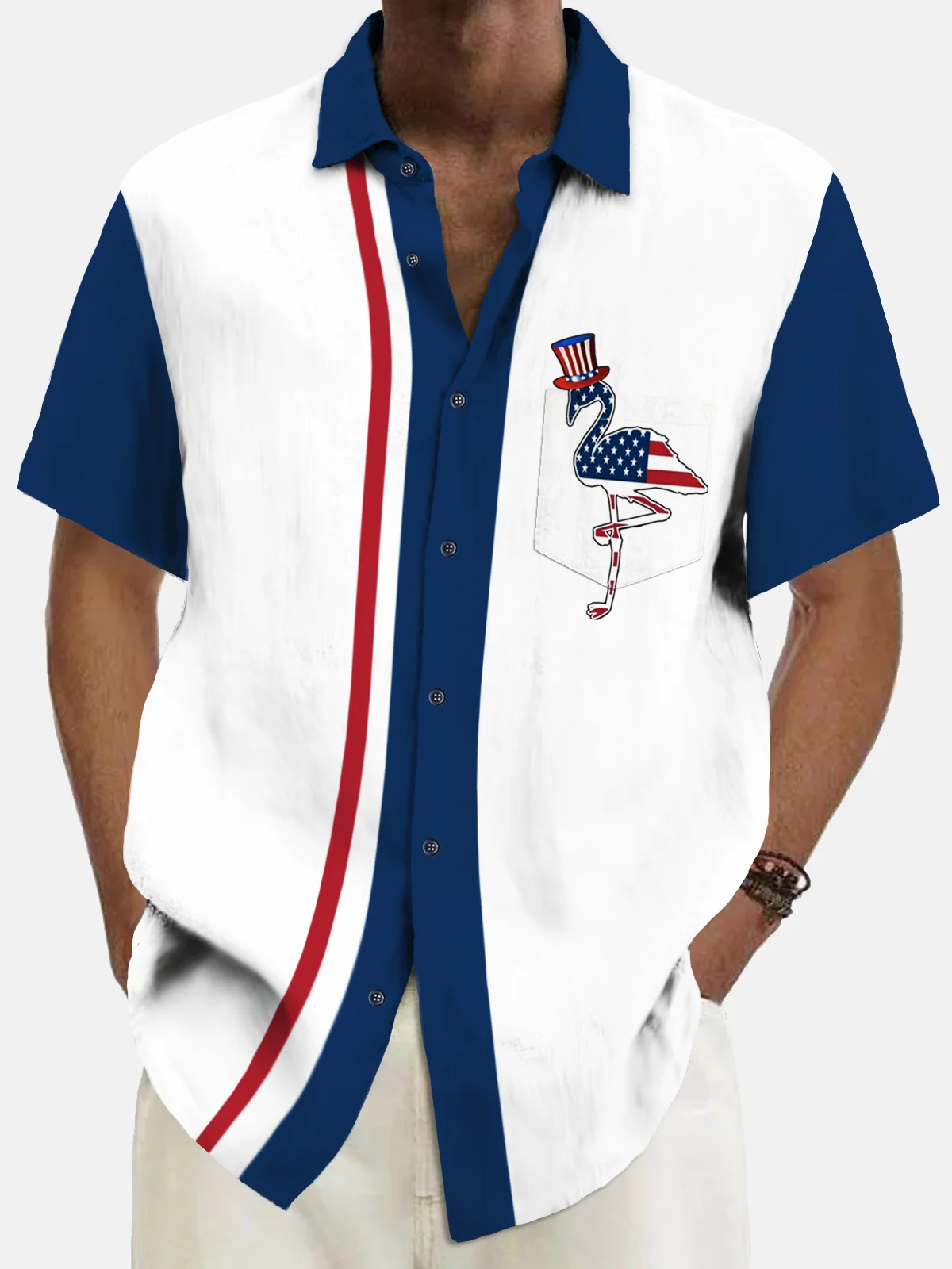Royaura® Vintage Bowling American Flag Flamingo Print Chest Pocket Shirt Plus Size Men's Shirt