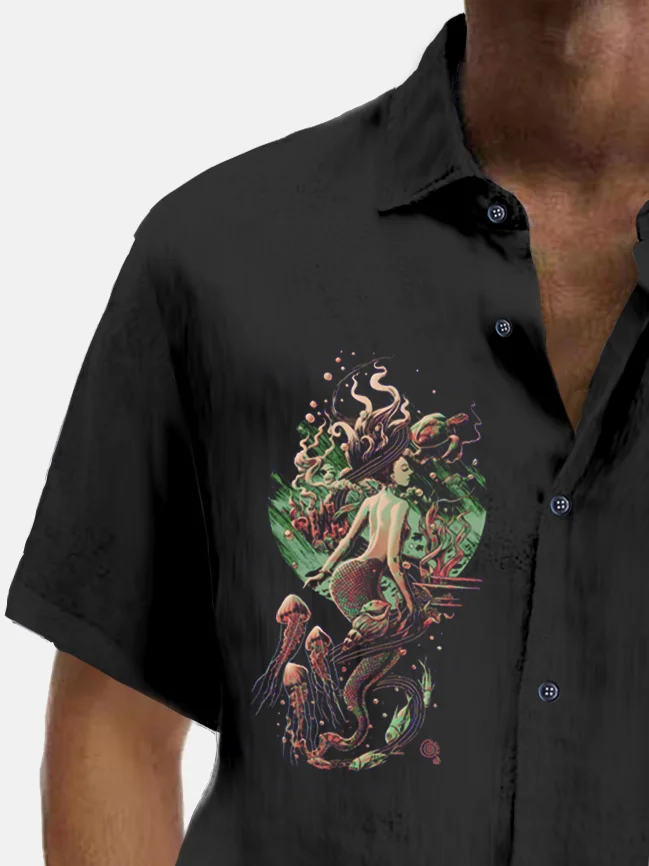 Royaura® Vintage Bowling Mermaid Print Chest Pocket Shirt Plus Size Men's Shirt