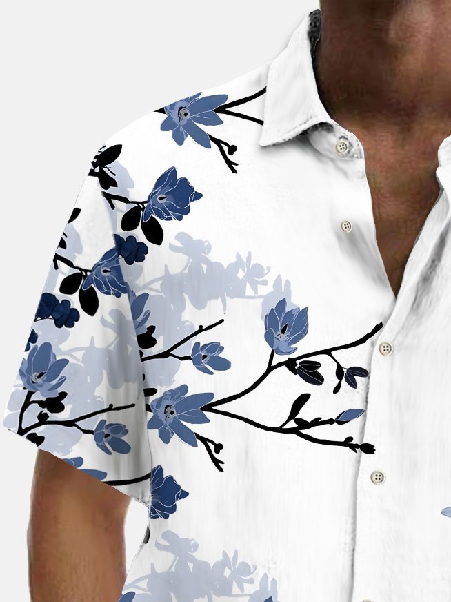 Royaura®  Beach Vacation Men's Hawaiian Shirt Botanical Floral Print Pocket Camping Shirt