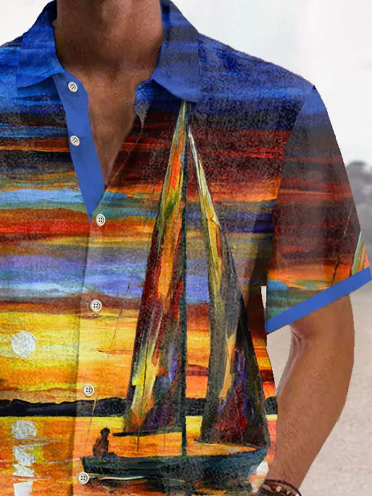 Royaura®Hawaiian Sailing Art Oil Painting Print Men's Button Pocket Short Sleeve Shirt