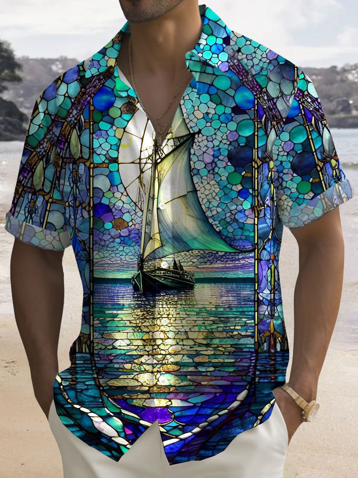 Royaura®Hawaiian Sailing Art Oil Painting Print Men's Button Pocket Short Sleeve Shirt