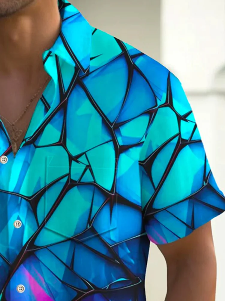 Royaura®Retro Geometric 3D Art Print Men's Button Pocket Short Sleeve Shirt