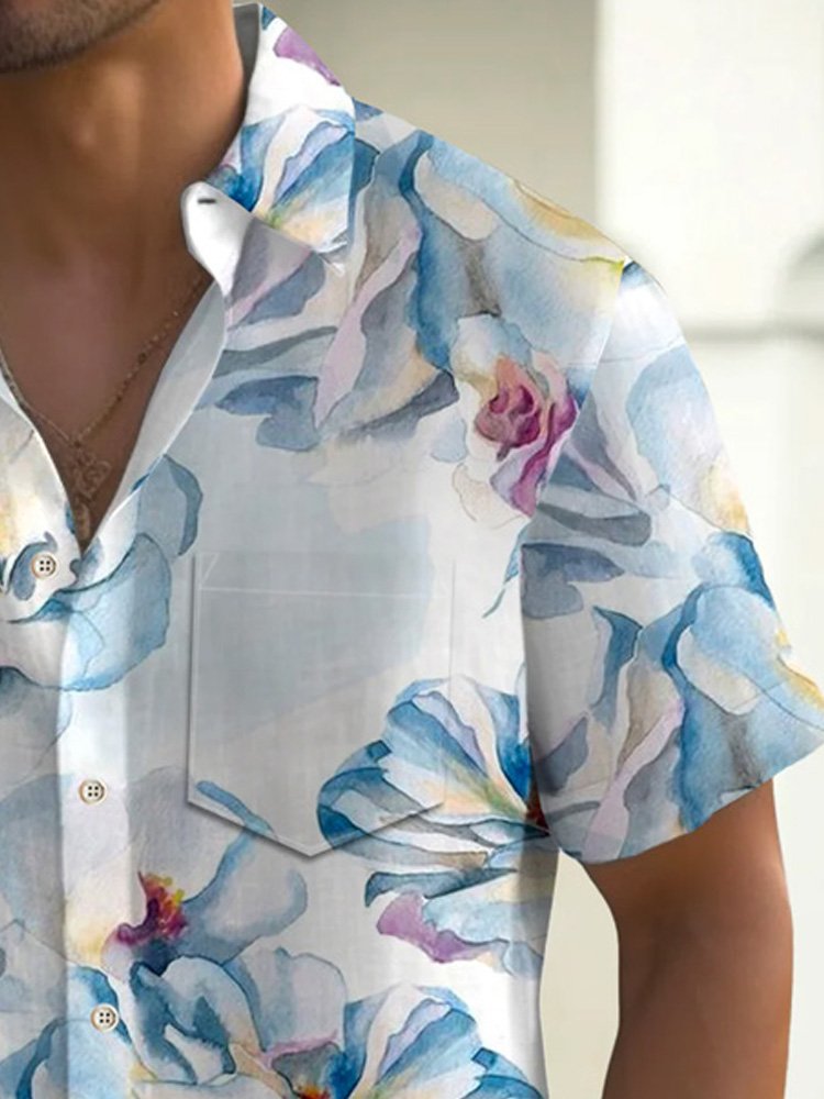 Royaura®Hawaiian Ink Floral Printed Men's Button Pocket Short Sleeve Shirt
