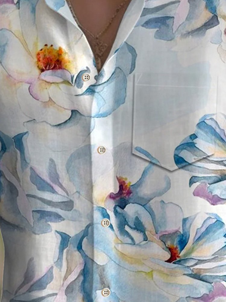 Royaura®Hawaiian Ink Floral Printed Men's Button Pocket Short Sleeve Shirt