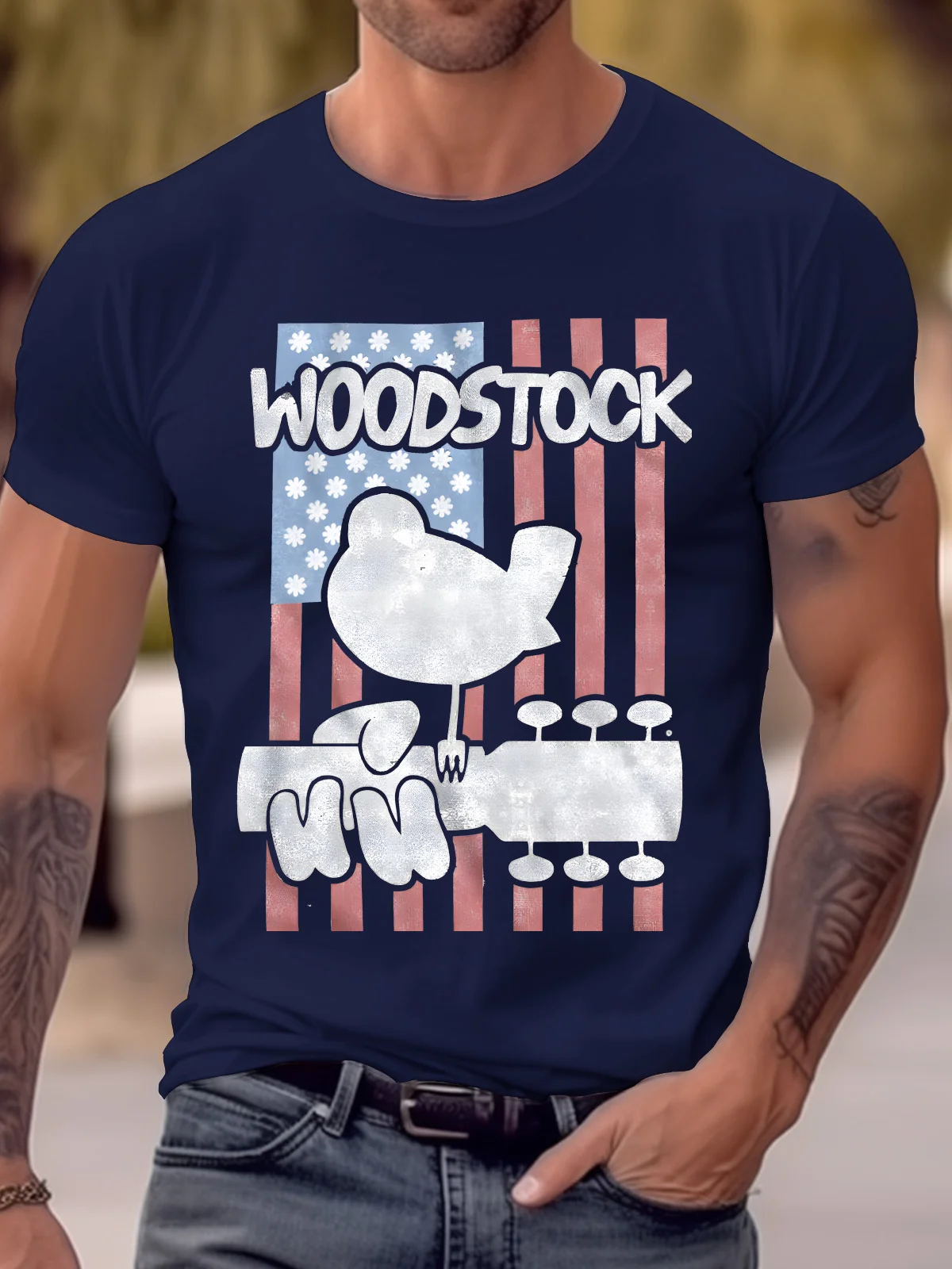 Royaura® Men's Round Neck Short Sleeved T-shirt Woodstock Art Peace Love Pullover Top Big Tall