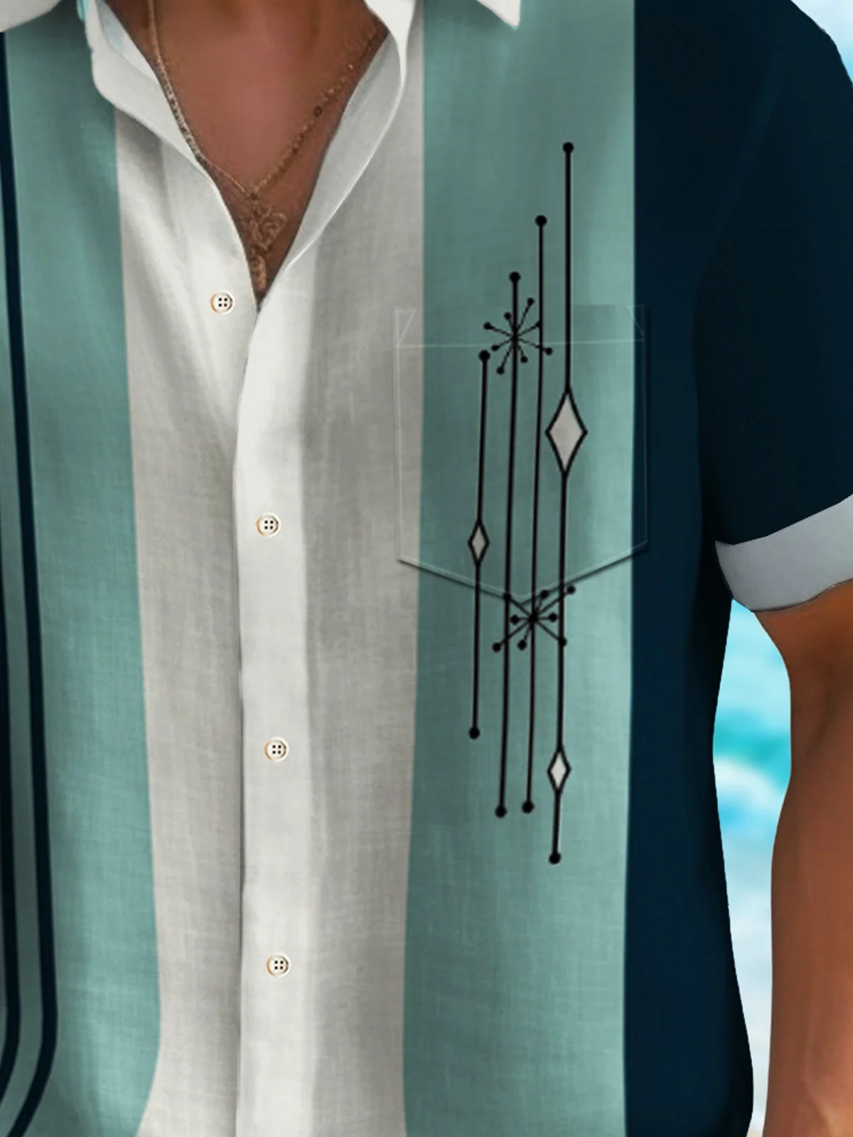 Royaura® 50's Mid Century Geometric Art Men's Vintage Bowling Shirt Stretch Pocket Camp Shirt Big Tall