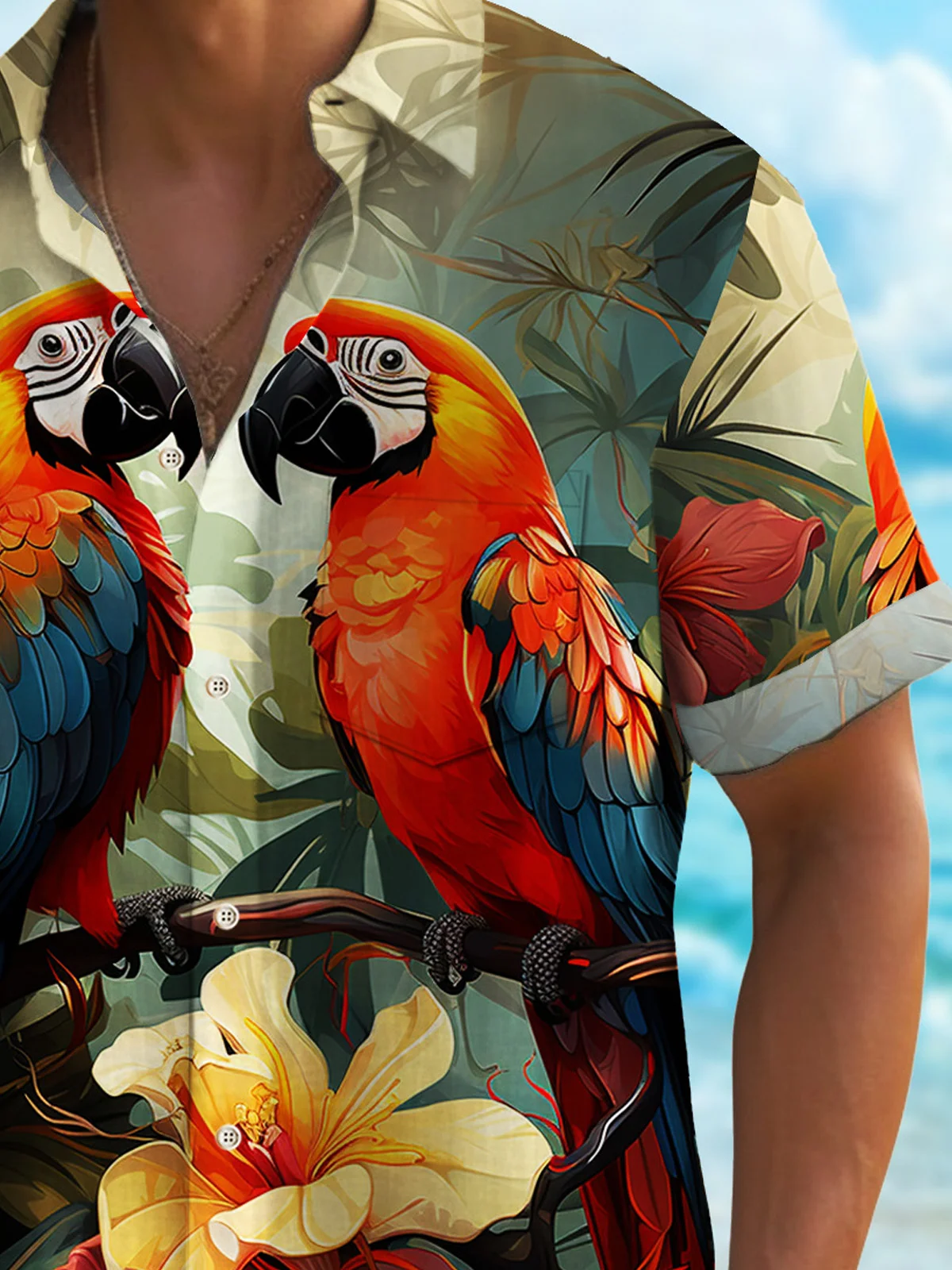 Royaura® Tropical Parrot Art Men's Hawaiian Shirt Palm Leaf Pocket Camp Holiday Shirt Big Tall