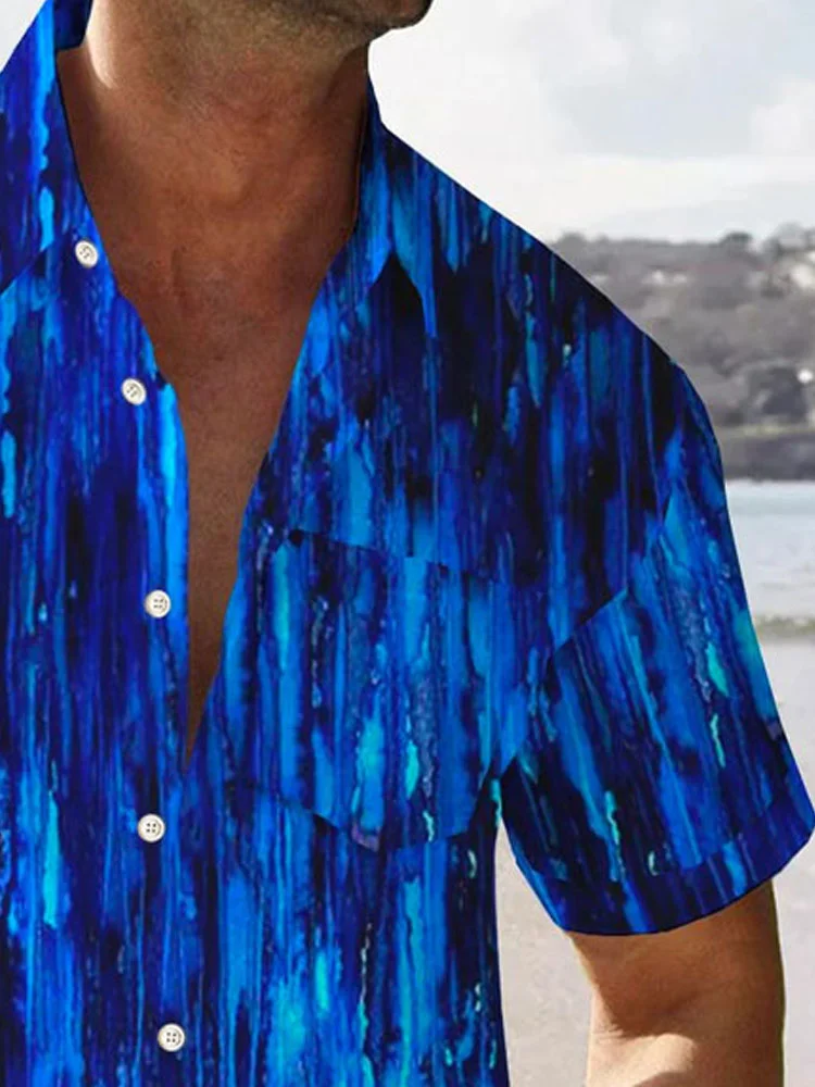 Royaura®Retro Gradient Art Stripe Print Men's Button Pocket Short Sleeve Shirt