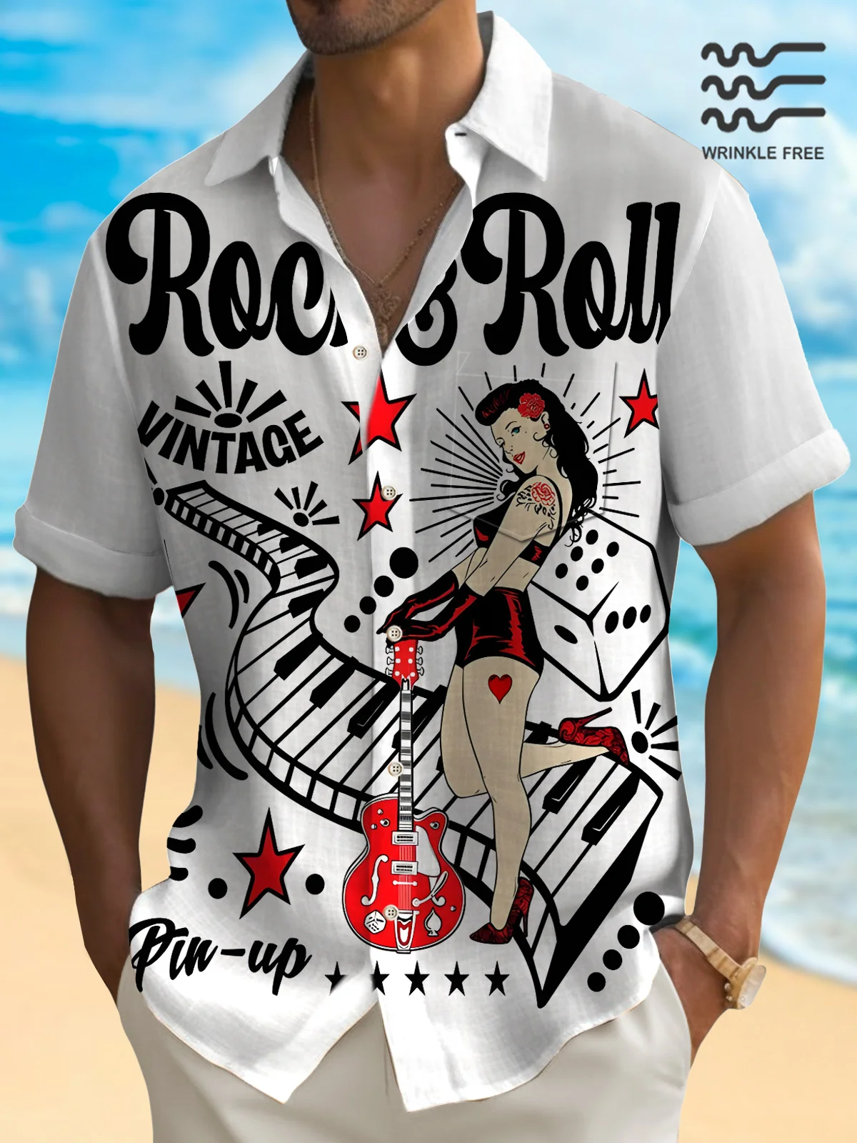 Royaura® 50's Retro Music Shirt Rock & Roll Pin Up Girl Art Wrinkle Free Seersucker Pocket Camp Shirt Big Tall