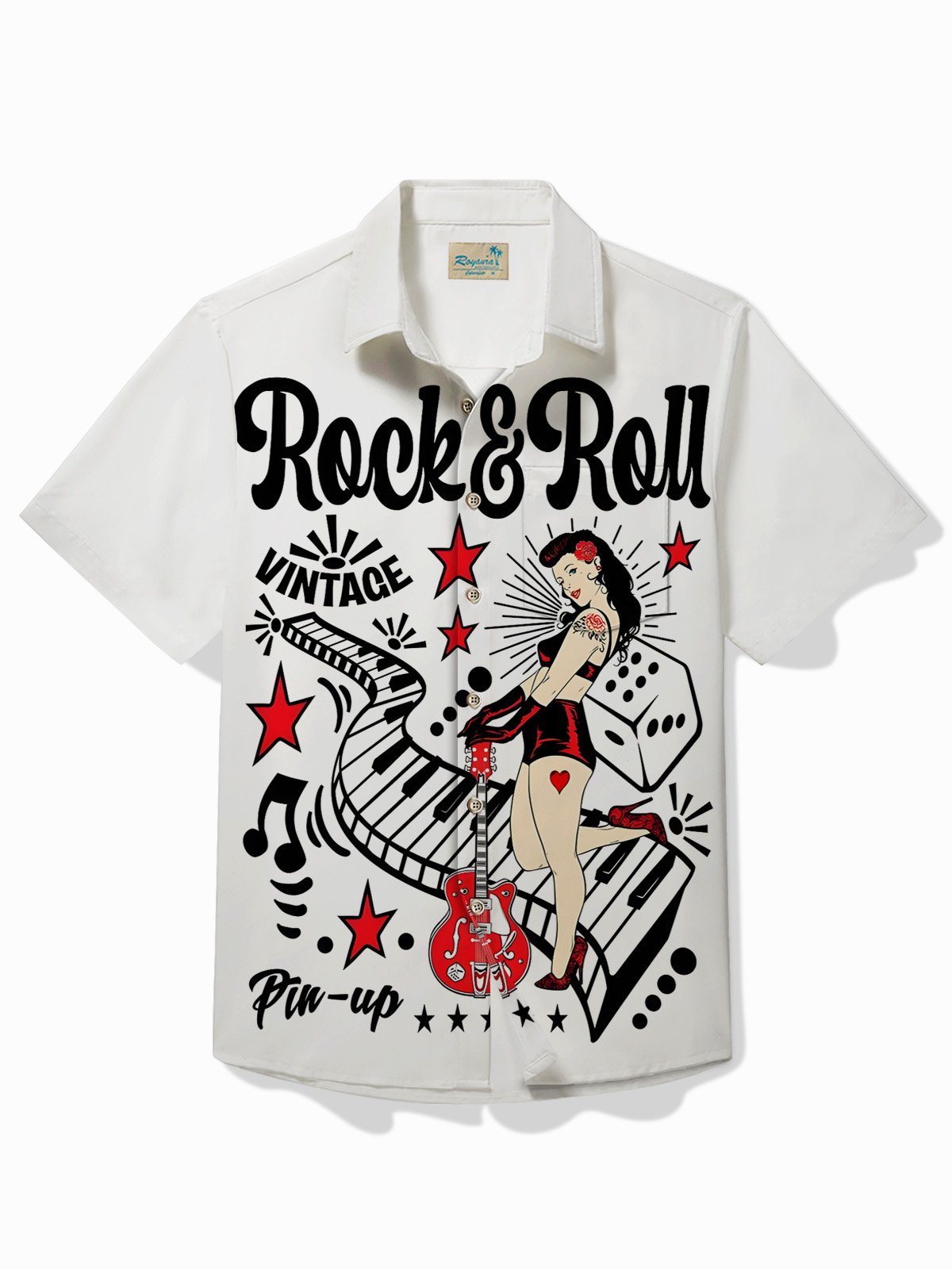 Royaura® 50's Retro Music Shirt Rock & Roll Pin Up Girl Art Wrinkle Free Seersucker Pocket Camp Shirt Big Tall
