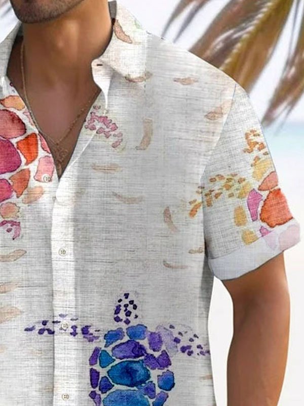 Royaura®Hawaiian Sea Turtle Art Print Men's Button Short Sleeve Shirt