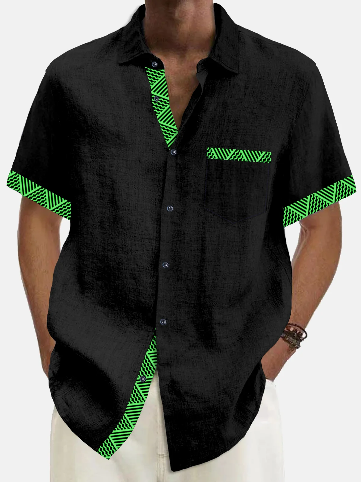 Royaura® Basic Men's Hawaiian Shirt Green Geometric Print Patchwork Stretch Pocket Camping Shirt