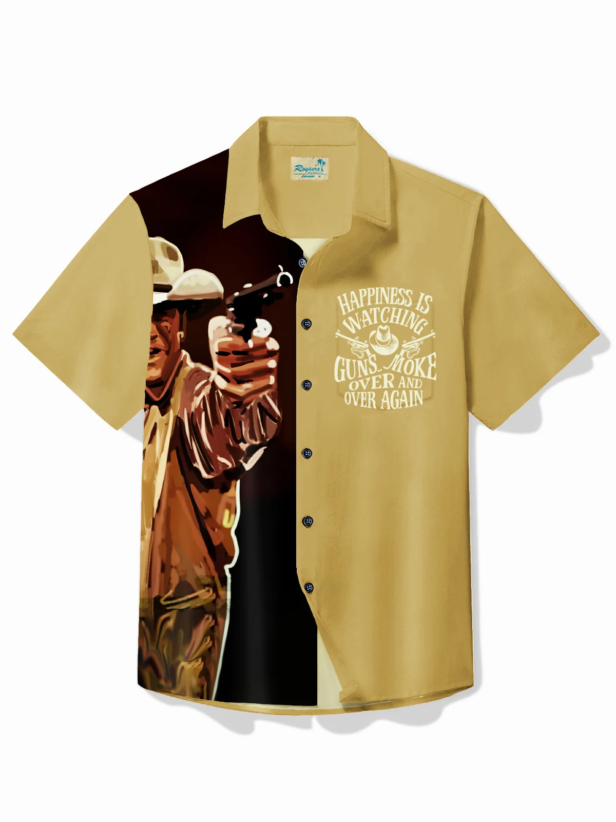 Royaura® Men's Vintage Red Dead Redemption Contrast Color Gunsmoke English Print Short Sleeve Shirt
