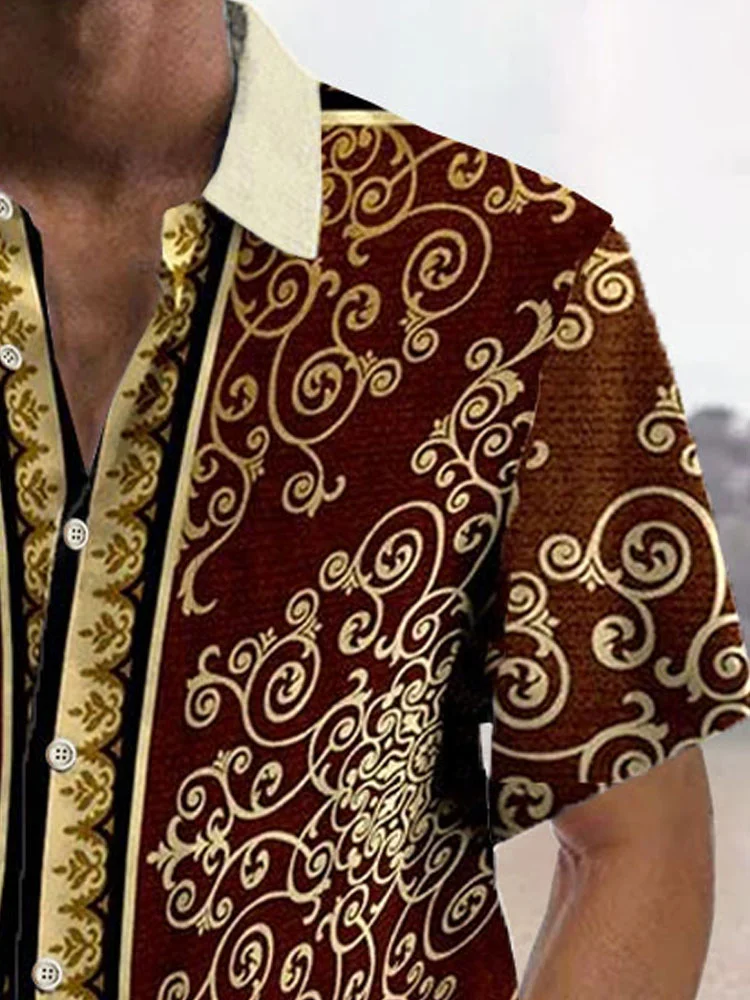 Royaura®Retro Creative Floral Baroque Palace Print Men's Button Pocket Short Sleeve Shirt